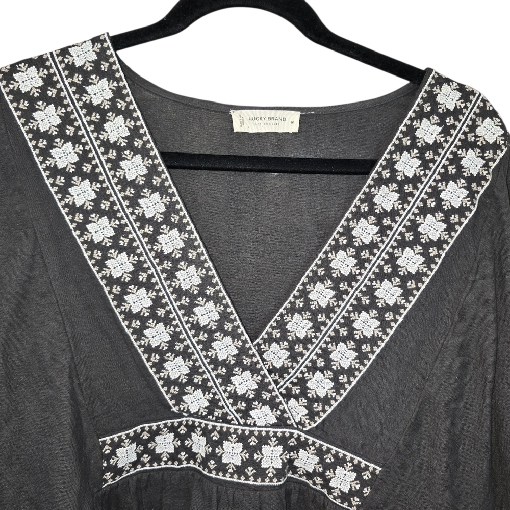 Lucky Brand Embroidered Cotton Peasant Blouse Boho V-Neck Balloon Sleeve Size M. - Picture 4 of 16